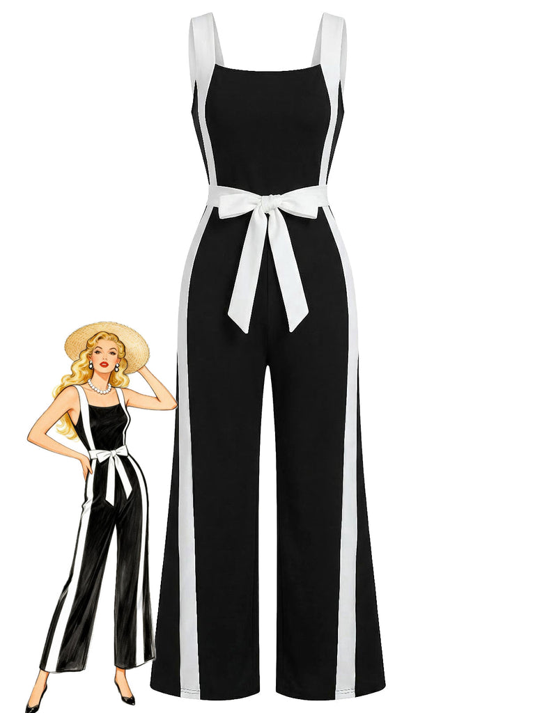 Schwarzer und weißer Jumpsuit im Stil der 1960er Jahre mit Neckholder und Farbblockmuster