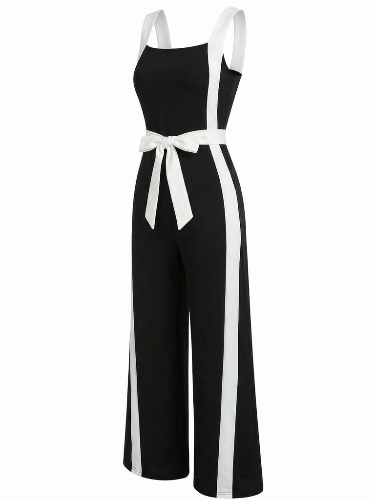 Schwarzer und weißer Jumpsuit im Color-Blocking-Stil der 1960er Jahre mit Neckholder, Größe 4