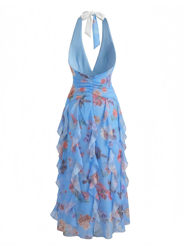 Geblümtes, plissiertes Maxikleid mit Gürtel aus den 1930er Jahren