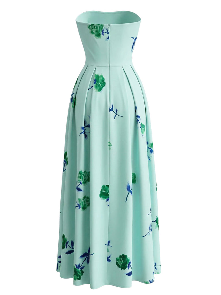 1940er Trägerlos Blumen High Waist Swing Kleid