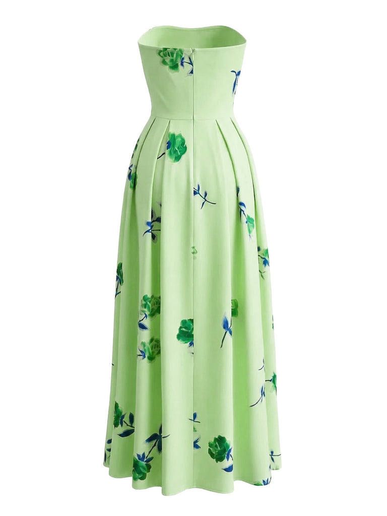 1940er Trägerlos Blumen High Waist Swing Kleid
