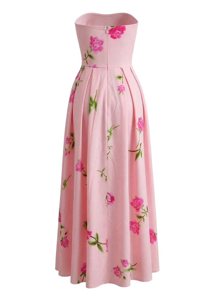1940er Trägerlos Blumen High Waist Swing Kleid