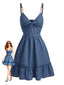 Blau 1960er Knoten-Detail Spaghetti Träger Rüschen Kleid