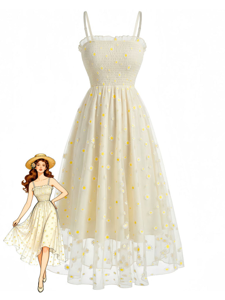 Hellgelbes 1950er Gänseblümchen besticktes gesmoktes Tüll Midikleid
