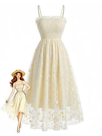 Hellgelbes 1950er Gänseblümchen besticktes gesmoktes Tüll Midikleid