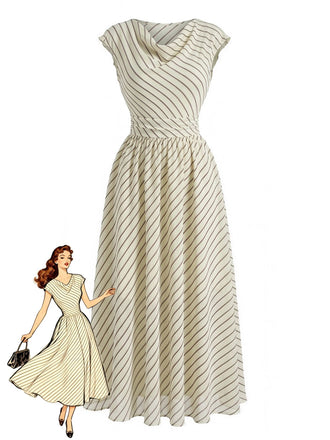 Beigefarbenes 1950er Chiffon-Streifen-Swingkleid mit Wasserfallausschnitt