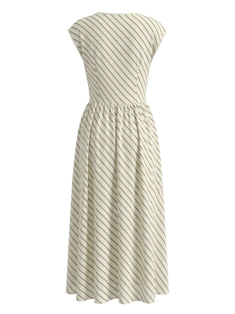 Beigefarbenes 1950er Chiffon-Streifen-Swingkleid mit Wasserfallausschnitt