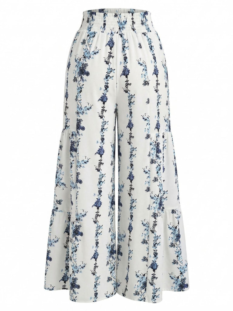 Graue 70er Boho Hose mit Blumen und Rüschensaum