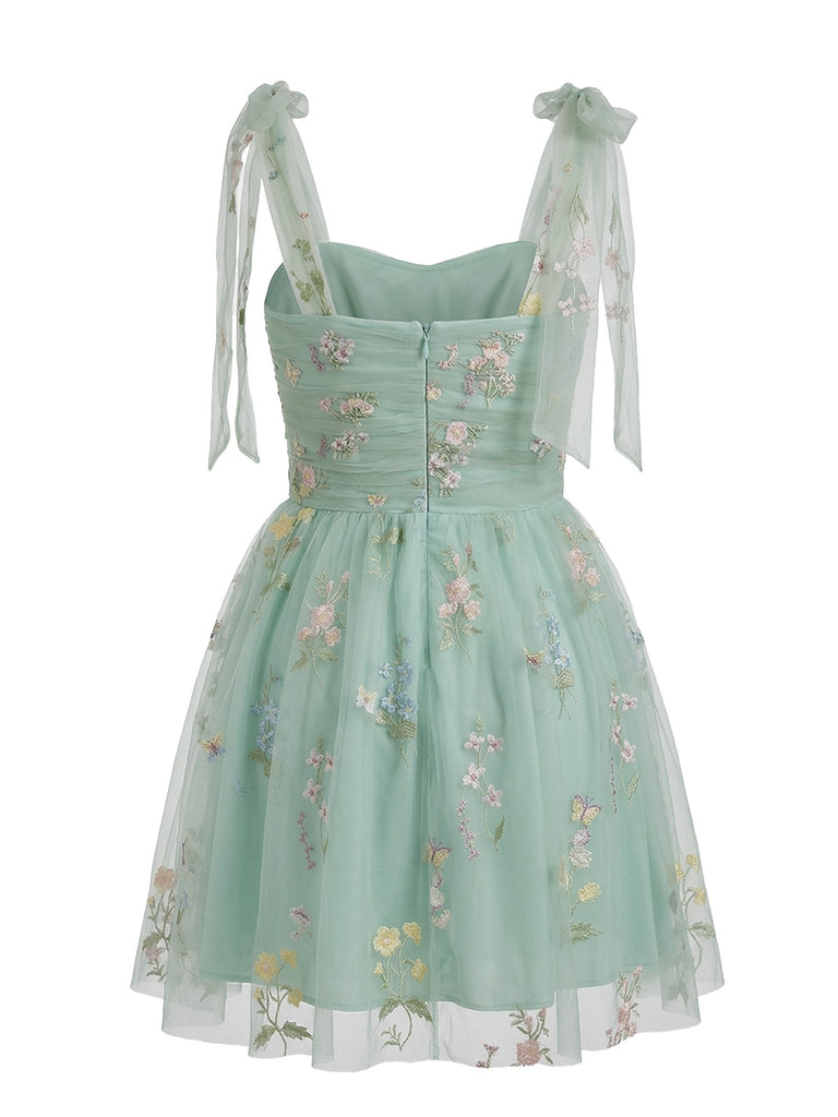 Grün 1960er Blumen Bestickt Netz Tutu Kleid