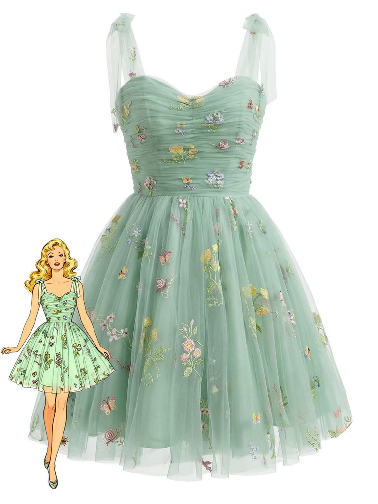 Grün 1960er Blumen Bestickt Netz Tutu Kleid