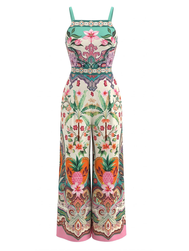 Mehrfarbiger 70er Tropen Jumpsuit mit Print und Breit