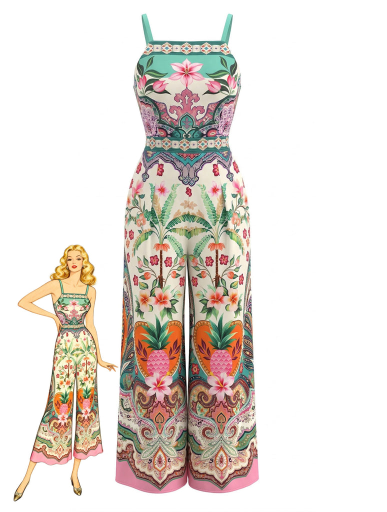 Mehrfarbiger 70er Tropen Jumpsuit mit Print und Breit