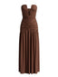 Trägerloses 70er Maxikleid mit tiefem V-Ausschnitt, Raffung und hohem Schlitz