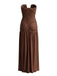 Trägerloses 70er Maxikleid mit tiefem V-Ausschnitt, Raffung und hohem Schlitz