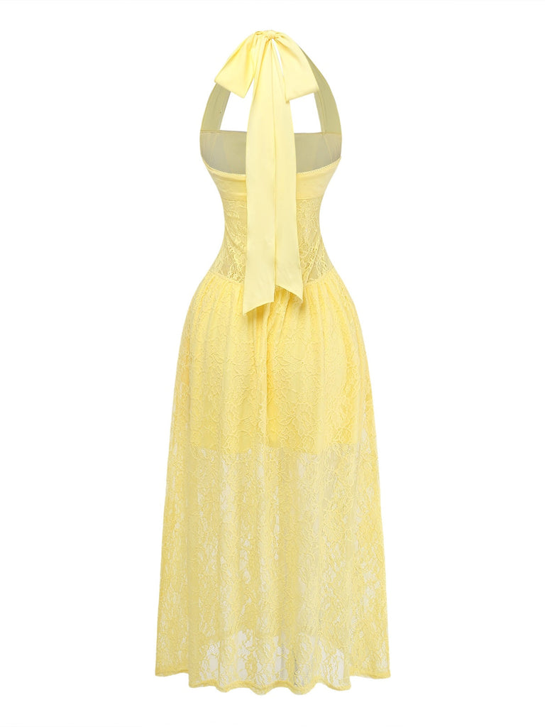 1950er Rückenfreies Spitze Uni Neckholder Kleid
