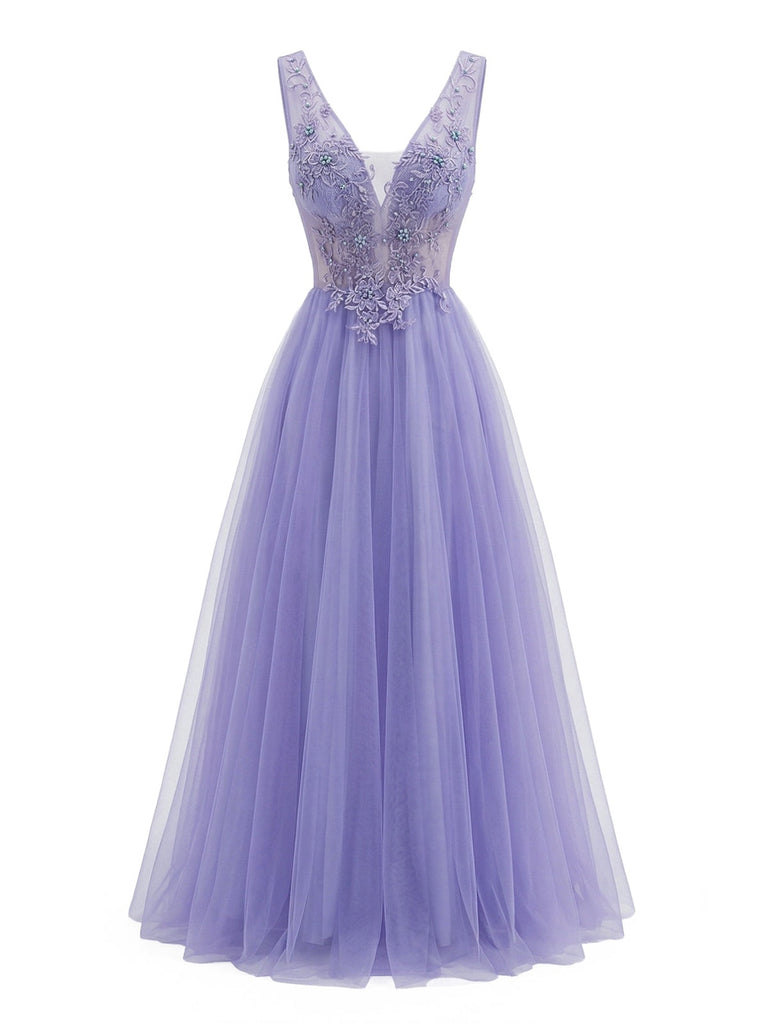 Lila 1950er Tüll V-Ausschnitt besticktes Maxikleid
