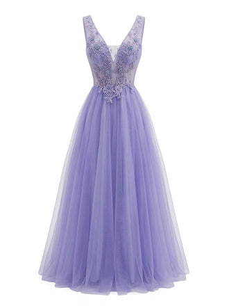 Lila 1950er Tüll V-Ausschnitt besticktes Maxikleid