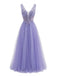 Lila 1950er Tüll V-Ausschnitt besticktes Maxikleid
