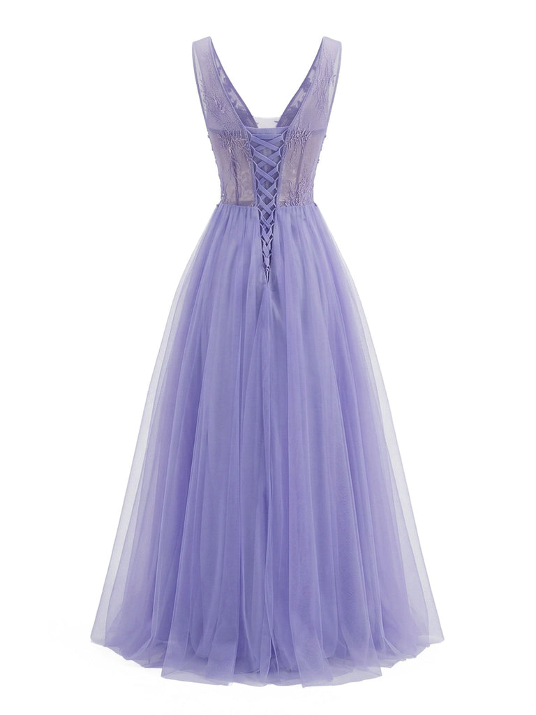 Lila 1950er Tüll V-Ausschnitt besticktes Maxikleid
