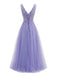 Lila 1950er Tüll V-Ausschnitt besticktes Maxikleid