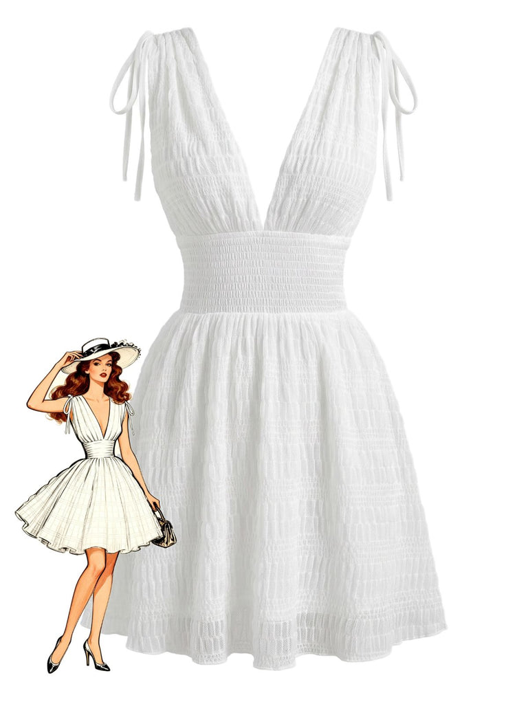 White 1950er Plunging Gesmokt Waist Textured Abwesenheits Kleid