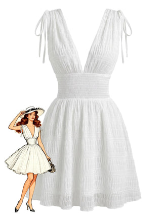 White 1950er Plunging Gesmokt Waist Textured Abwesenheits Kleid