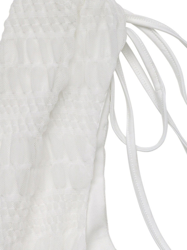 White 1950er Plunging Gesmokt Waist Textured Abwesenheits Kleid