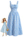 Blaues 1940er Karree Ausschnitt Empire Taille Jacquard Gesmoktes Kleid