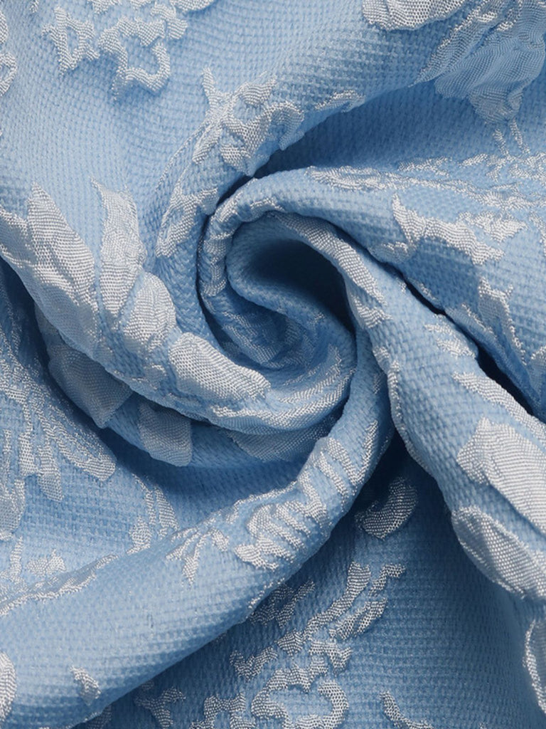 Blaues 1940er Karree Ausschnitt Empire Taille Jacquard Gesmoktes Kleid