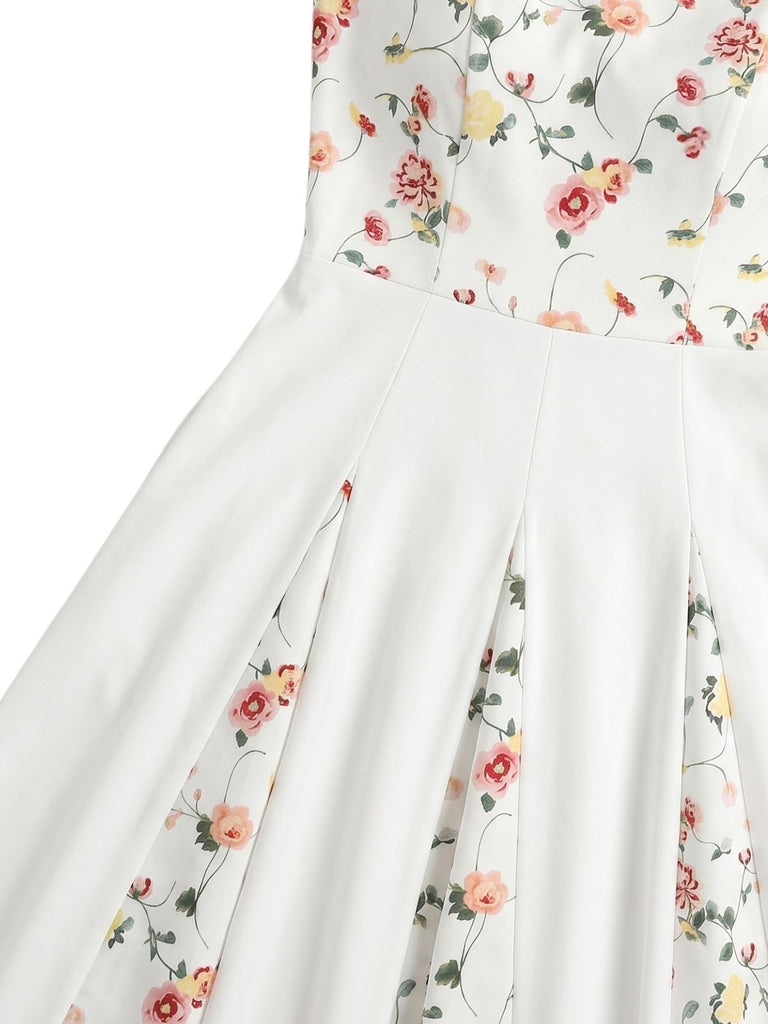 Weißes 40er Swingkleid mit Eckiger Ausschnitt und Blumen