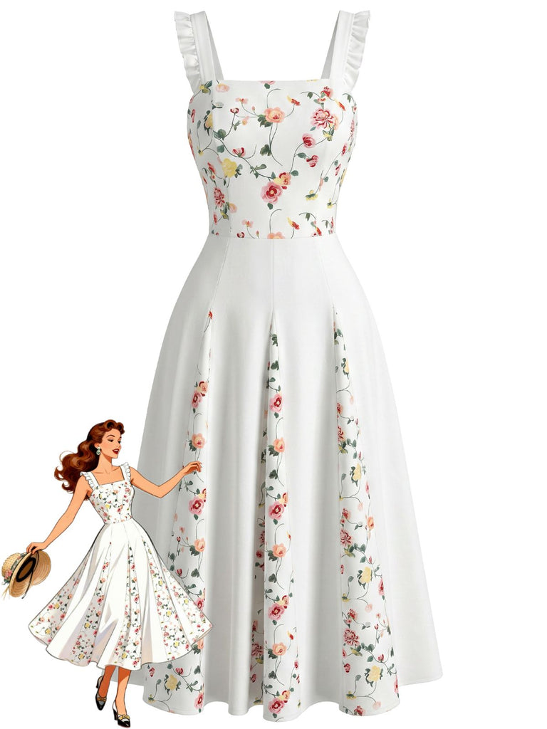 Weißes 40er Swingkleid mit Eckiger Ausschnitt und Blumen