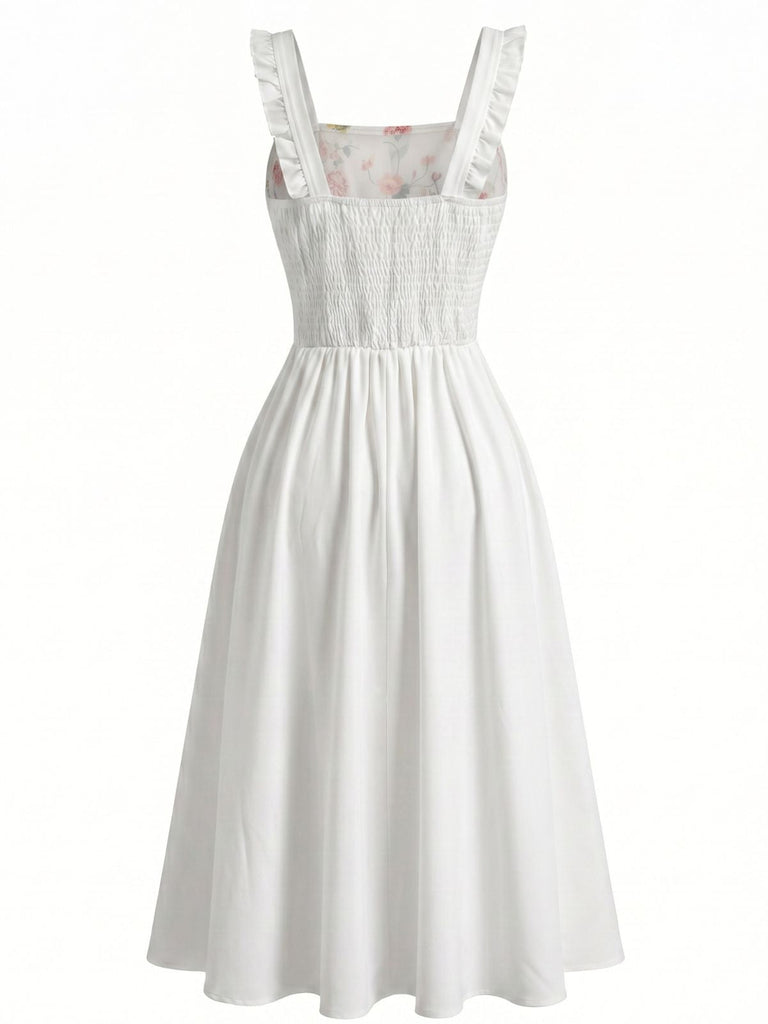 Weißes 40er Swingkleid mit Eckiger Ausschnitt und Blumen