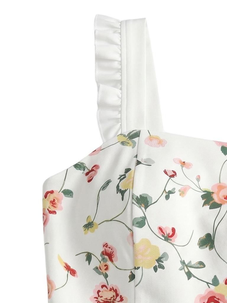 Weißes 40er Swingkleid mit Eckiger Ausschnitt und Blumen