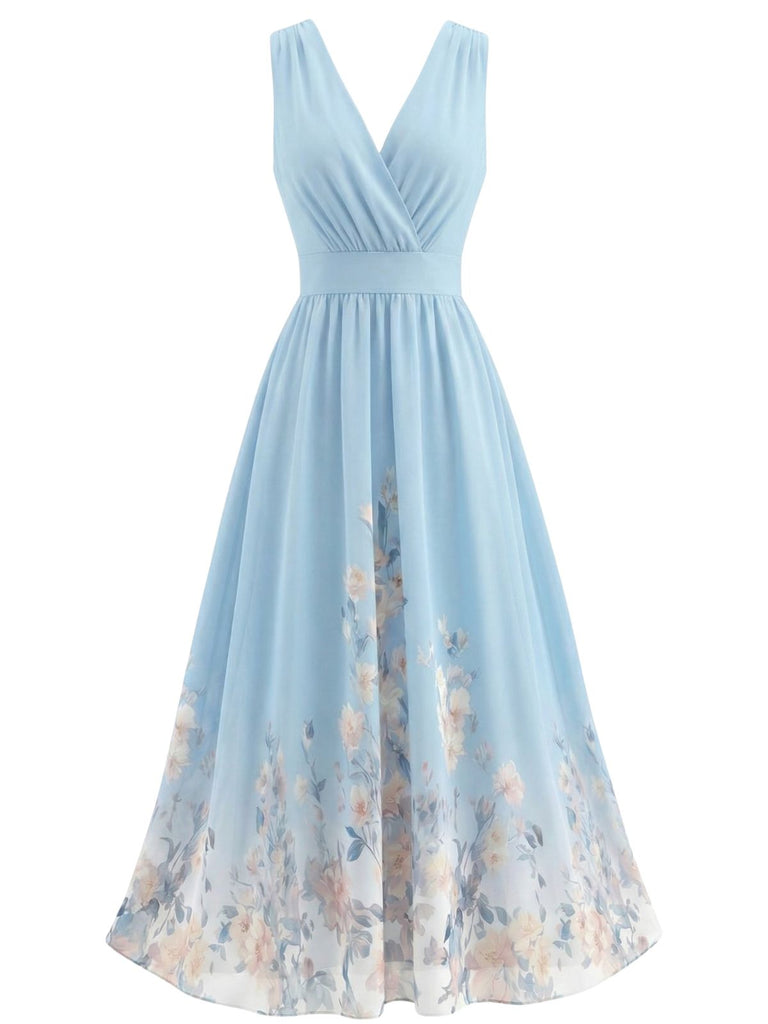 1940er Blumen V-Ausschnitt Ärmellos Midi Kleid