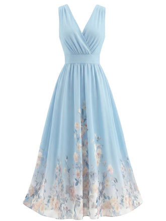 1940er Blumen V-Ausschnitt Ärmellos Midi Kleid