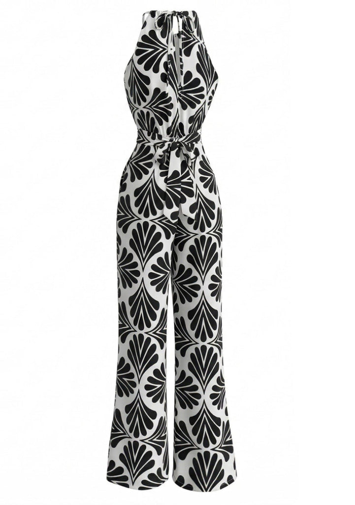 Schwarzer Jumpsuit mit Neckholder und abstraktem Muster im Stil der 1930er Jahre mit Gürtel, Größe 3