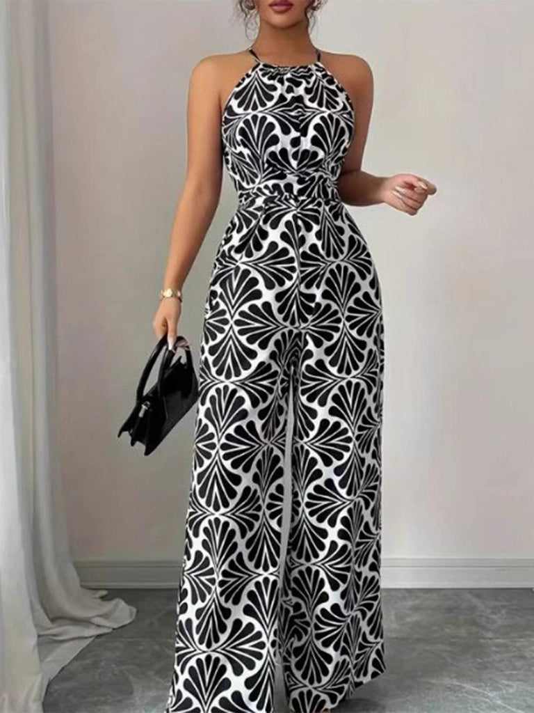Schwarzer Jumpsuit mit Neckholder, abstraktem Muster und Gürtel im Stil der 1930er Jahre, Größe 6