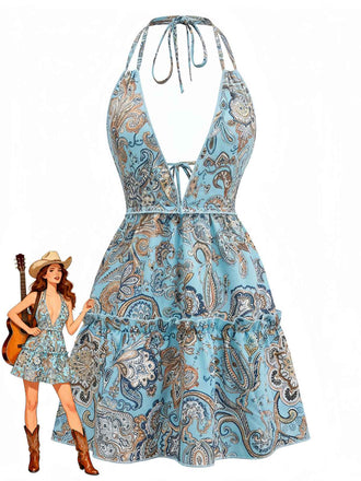 70er Boho Minikleid mit Tiefer V-Ausschnitt und Neckholder