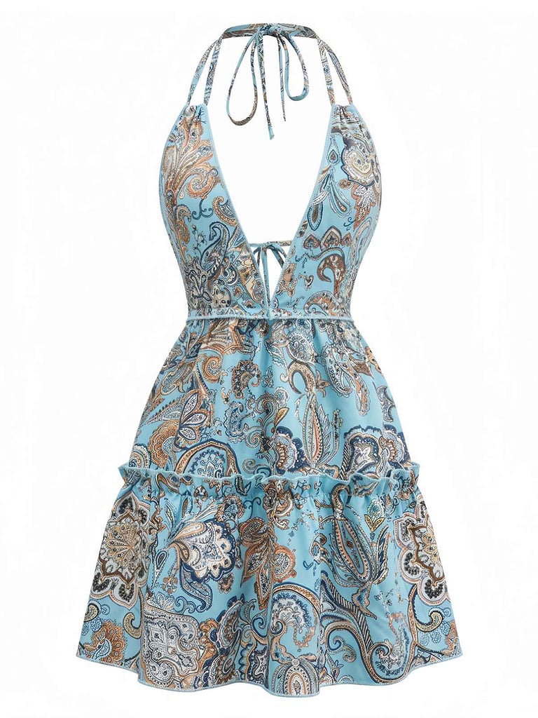 70er Boho Minikleid mit Tiefer V-Ausschnitt und Neckholder