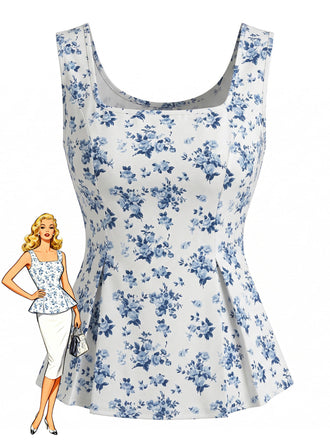 Blaues 50er Ärmelloses Top mit Blumen-Print und Eckiger Ausschnitt