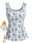 Blaues 50er ärmelloses Peplum-Top mit Blumenprint und Carré-Ausschnitt