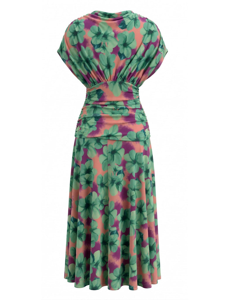 Grünes 40er Kleid mit V-Ausschnitt und Blumen