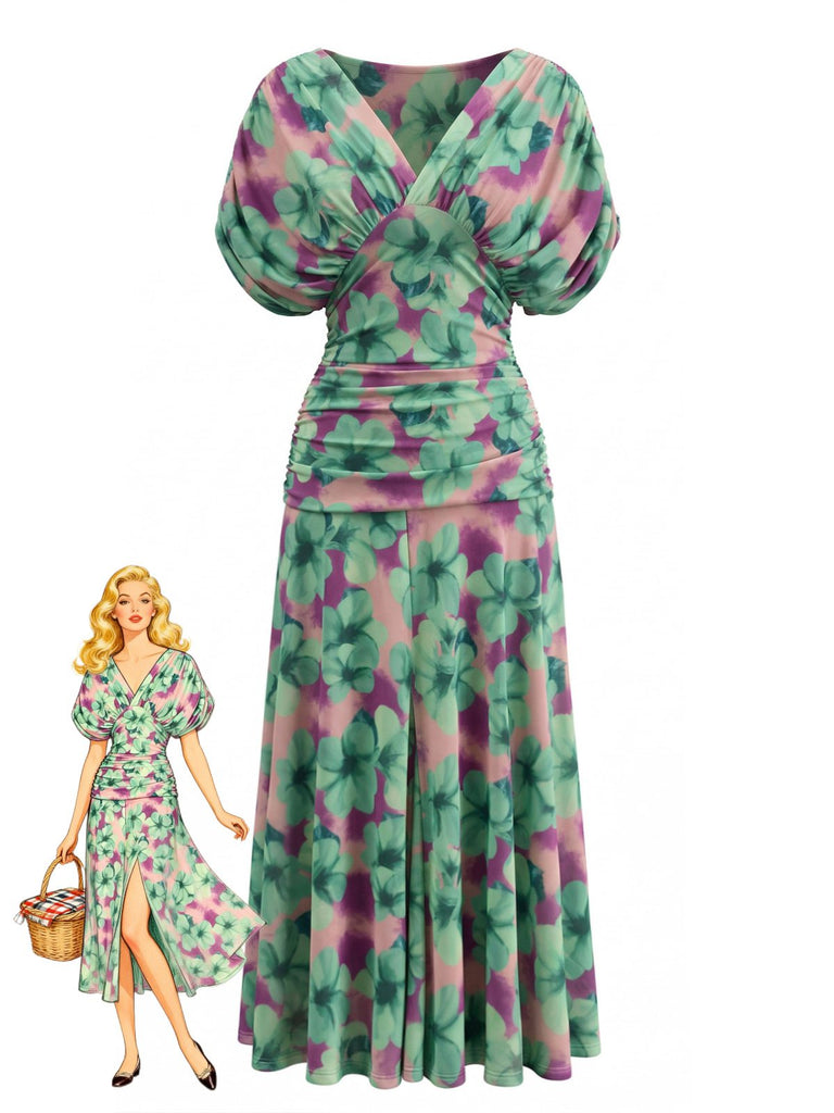 Grünes 40er Kleid mit V-Ausschnitt und Blumen