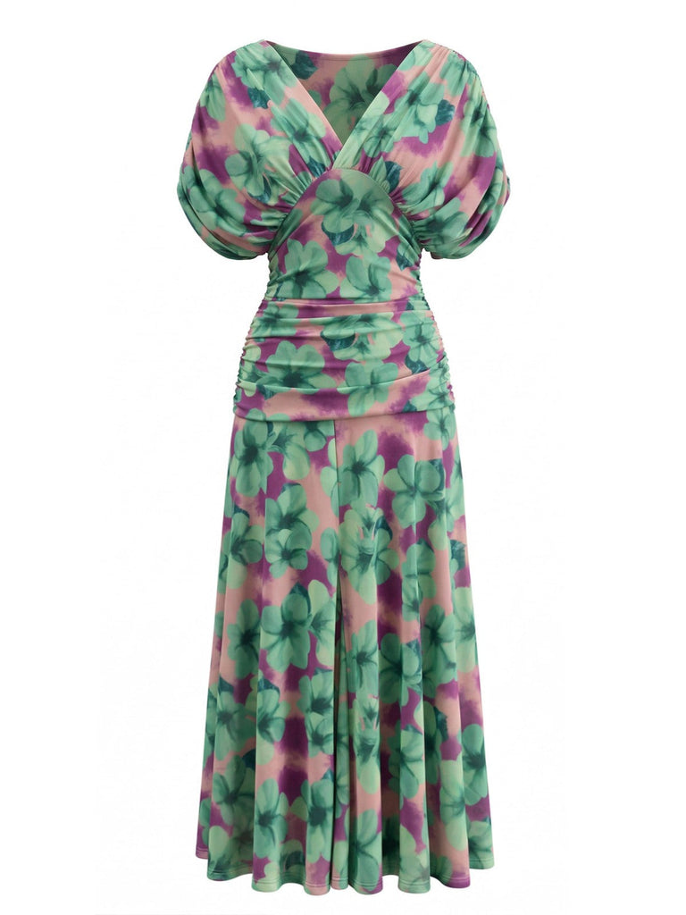 Grünes 40er Kleid mit V-Ausschnitt und Blumen