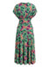 Grünes 40er Kleid mit V-Ausschnitt und Blumen
