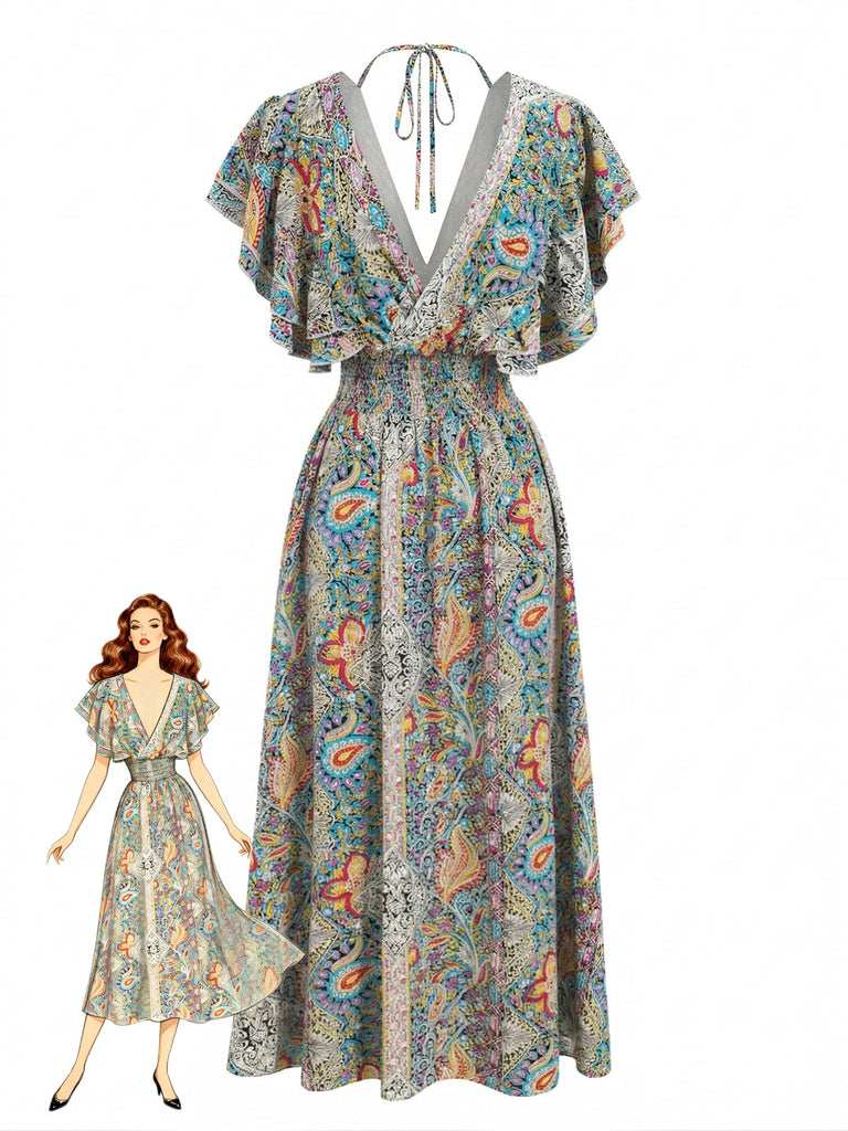 Mehrfarbiges 70er Smockkleid mit Rüschen und Böhmen
