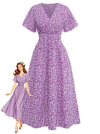 Lila 40er Midikleid mit Ditsy-Blumen und Figurbetont