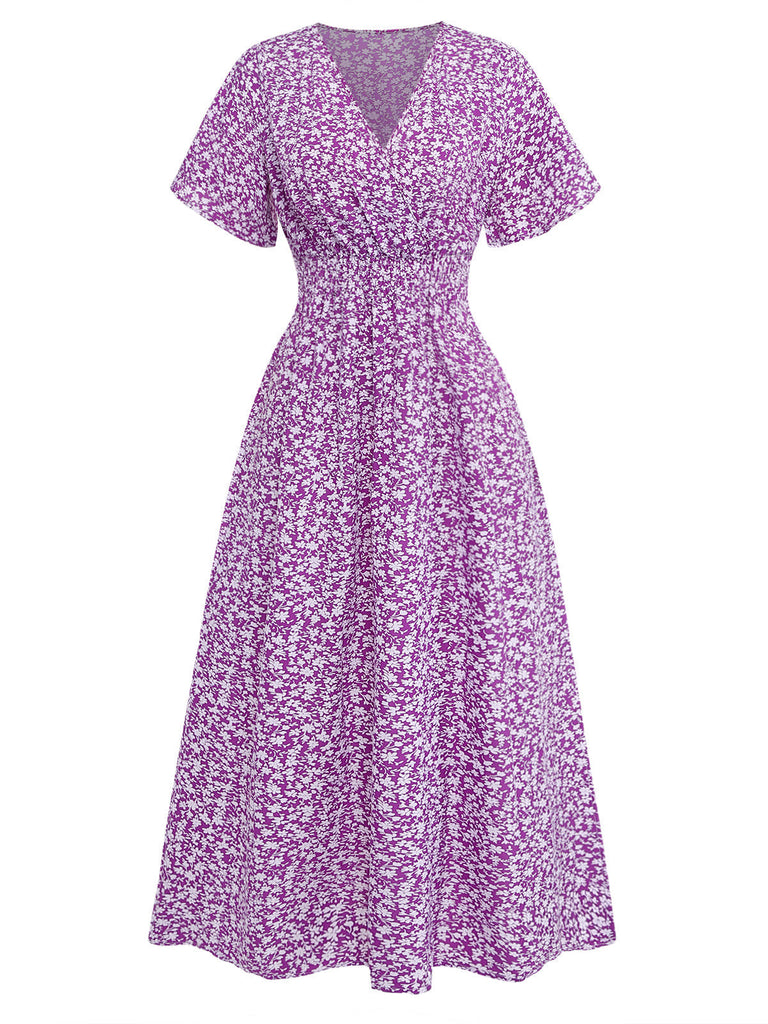 Lila 40er Midikleid mit Ditsy-Blumen und Figurbetont