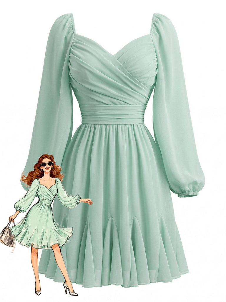 Hellgrünes 50er Chiffon-Kleid mit Rüschen und Ballonärmel