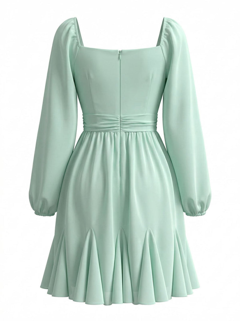 Hellgrünes 50er Chiffon-Kleid mit Rüschen und Ballonärmel